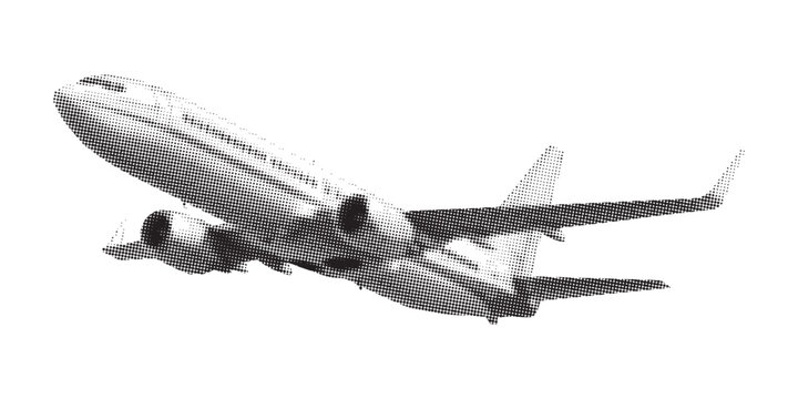 Modern halftone Passenger Airplane Taking Off, Commercial Jet Airliner Ascending Against White Background, Aviation Travel Concept