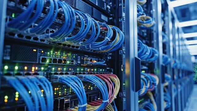 Servers networking and data center infrastructure in a modern facility for cloud computing IT solutions and digital transformation with technicians managing complex cable systems to ensure optimal