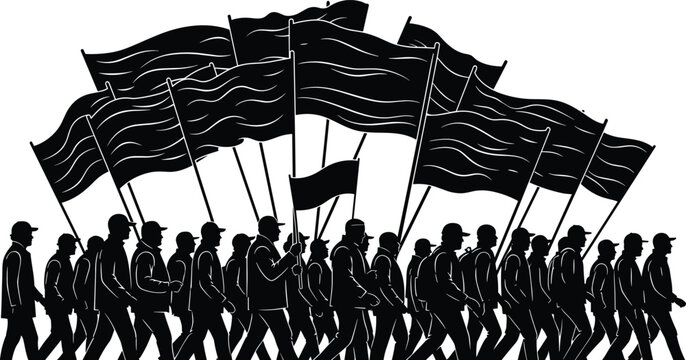 Marching people silhouette illustration vector collective unity activism protest rally design graphics, waving flags concept, black and white creative art collection