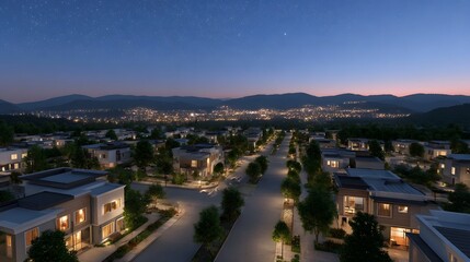 Obraz premium Peaceful residential neighborhood nestled in a picturesque mountain landscape at dusk