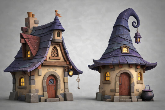 3D Stylized Fantasy Village Houses and Whimsical Witch Cottage with Cauldron