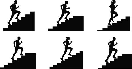 People running up stairs silhouettes representing fitness training progress motivation and success concept vector illustration © alo999