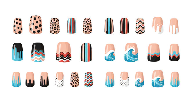 Set of diverse artificial nail art designs featuring patterns like leopard print, polka dots, waves, and geometric stripes on a white background.