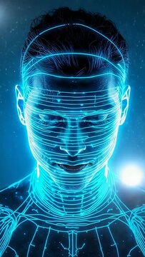 Vertical video: Pulsing hologram avatar in studio after right flare lighting neon lines particles