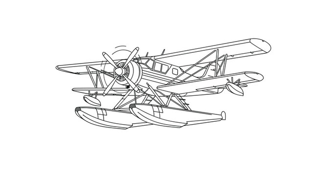 Black and white line art illustration of a vintage biplane seaplane with floats for water takeoff and landing on a transparent background.
