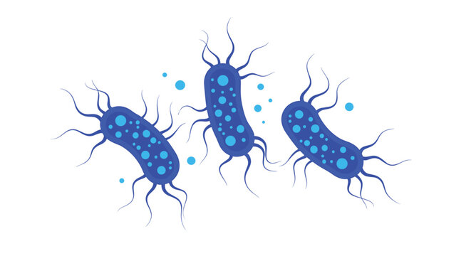 Illustration of microscopic bacteria or germs with flagella in shades of blue representing biological or medical research and hygiene.