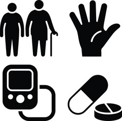 Fototapeta premium Healthcare icons depicting medical care, diabetes management, and medication.