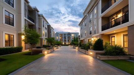 Fototapeta premium An elegant and modern residential development at dusk showcasing illuminated walkways manicured greenery and inviting architectural facades