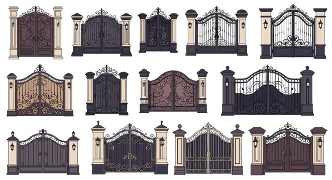 Collection of ornate wrought iron entrance gates with stone pillars and decorative lanterns for luxury home or garden.