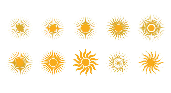 Set of ten unique yellow and orange sun symbols with various artistic rays and designs for weather and solar concepts.