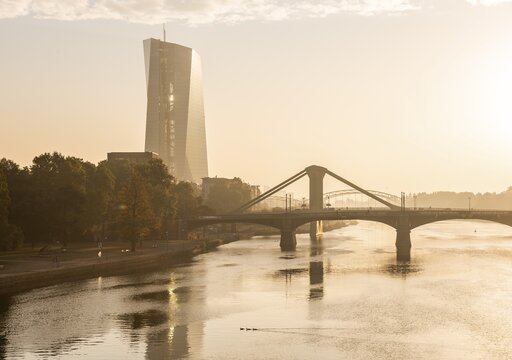 High-rise building, European Central Bank in the morning light, Main with raft bridge, Frankfurt am Main, Hesse, Germany