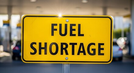 Fototapeta premium Fuel Shortage Warning Sign Yellow Board, Gas Crisis, No Petrol Alert, Road Sign