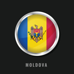 Obraz premium Circular glossy national flag of Moldova with a silver frame. Features the blue, yellow, and red vertical stripes with the eagle and bull emblem, symbolizing the nation's history.