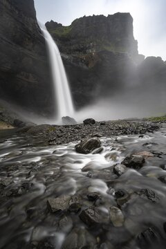 Haifoss and Granni waterfall at a canyon, Foss&aacute; &iacute; &THORN;j&oacute;rs&aacute;rdal, with river &iacute; &THORN;j&oacute;rs&aacute;rdal, Hekla, Iceland