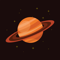 Cartoon illustration of Saturn planet with orange rings against starry black space background, centered view © Aiman Azmi