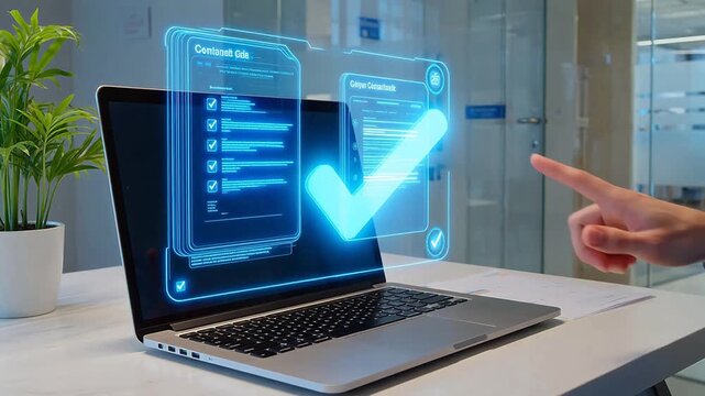 Hand interacting with holographic laptop interface