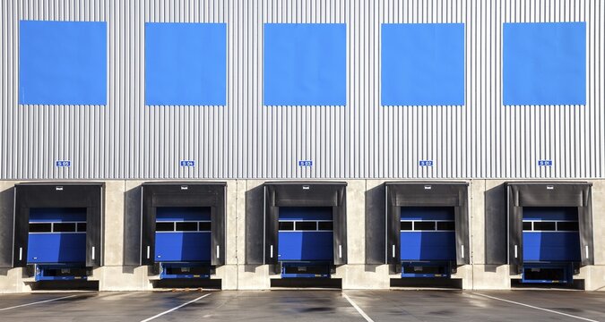 5 blue loading ramps at warehouse, Duisburg, North Rhine-Westphalia, Germany