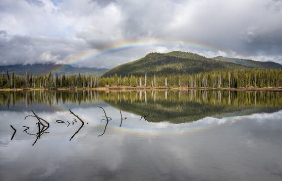 Rainbow in dark clouds over a forest, reflected in the lake, Sparks Lake, Oregon, USA