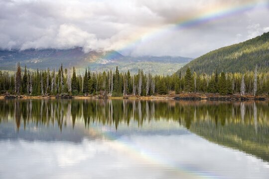 Rainbow and landscape with forest reflected in the lake, Sparks Lake, Oregon, USA
