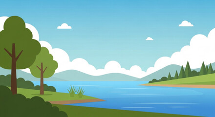 Fototapeta premium Serene lake landscape with lush greenery and distant mountains under a blue sky with fluffy white clouds