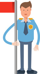 Police Officer Character Holding Flag Pole
