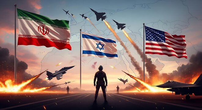 iran vs usa and israel. global geopolitical tension concept with iran vs israel and united states flag and missiles. 