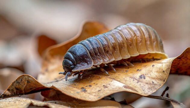Pill bug crawling on a dried leaf, displaying segmented body and small legs with blurred leaves background