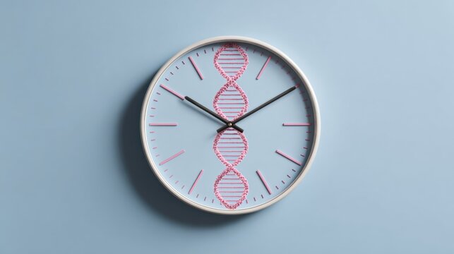 Unique clock featuring a dna strip illustrating the concept of longevity and resetting the epigenetic clock for health
