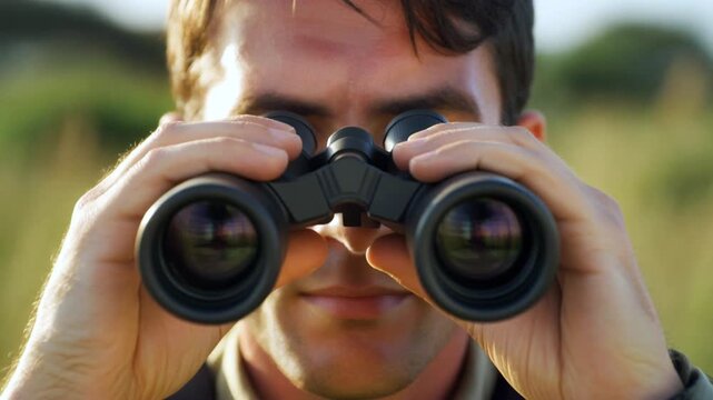 Close up of a wildlife explorer looking through binoculars in a savanna landscape, soft sunlight on the face with blurred grassland background, capturing a focused moment of nature observation and exp