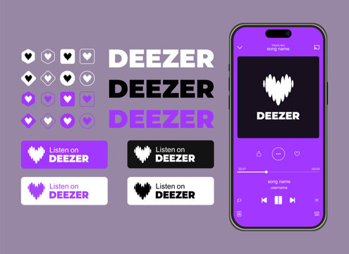 User interface and brand kit for the Deezer music streaming service, mobile audio player interface design, digital music platform and application assets