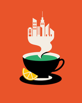 Tea cup with smoke forming a city skyline