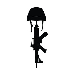 Fototapeta premium Silhouette of military helmet and rifle on stand