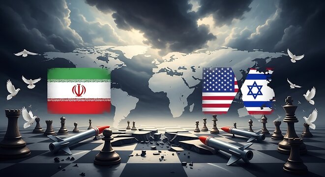 global geopolitical tension concept with iran vs israel and united states flags, missiles and chessboard strategy illustration.
