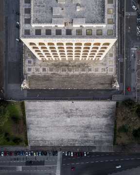 Rome, Italy - 21 February 2026: Aerial view of the Palazzo della Civilt&Atilde;&nbsp; Italiana, its stark geometry contrasting with the soft, diffused light of the city.