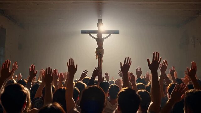 Crowd worshipping figure on cross