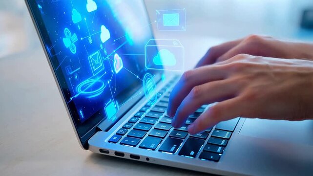 Hands typing on laptop with digital icons