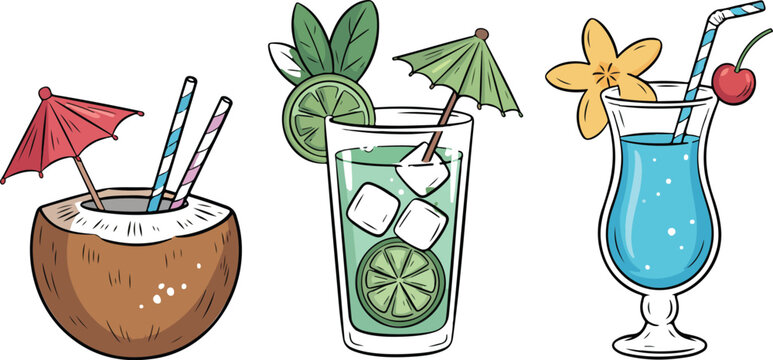 Summer cocktails vector set isolated on white background. refreshing tropical drinks in different glasses