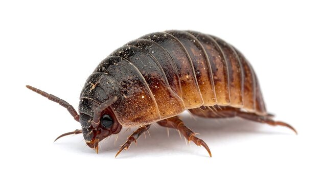 Pillbug curled up, showing its armored plates and antennae on white