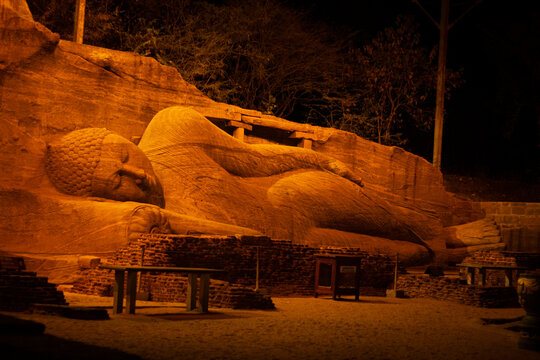 Polonnaruwa Gal Vihara Buddhist Rock Temple at Night, Ancient Reclining Buddha Statue, Sri Lanka 