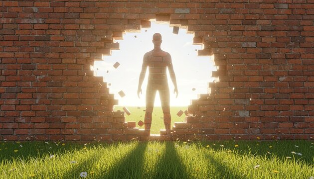 Silhouette of person standing in a bright opening in a brick wall, symbolizing breakthrough and new beginnings.