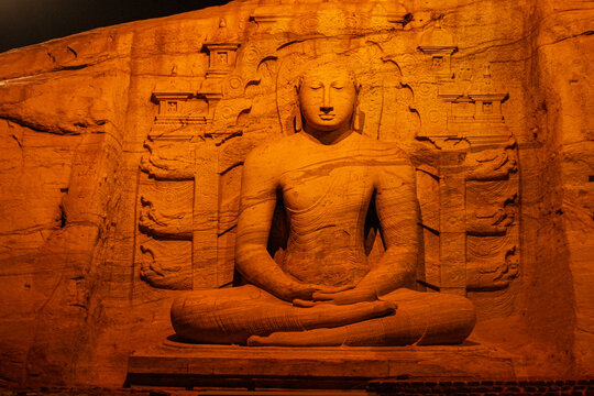 Polonnaruwa Gal Vihara Buddhist Rock Temple at Night, Ancient Reclining Buddha Statue, Sri Lanka 