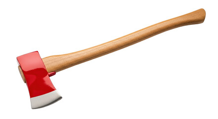 A bright red ax lying isolated, angled, with a wooden handle