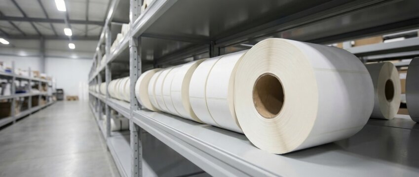 White adhesive label rolls on industrial warehouse shelf