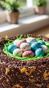 Easter Bird Nest Cake Decorated with Chocolate Sprinkles and Speckled Candy Eggs