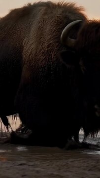 Vertical video: Shifting weight sending bison out of wallow in low sun, toward shore, dripping mud