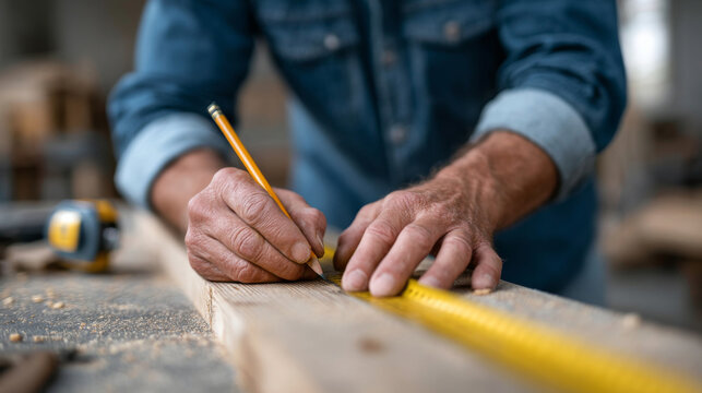 Carpenter measuring wooden plank with precision for construction project