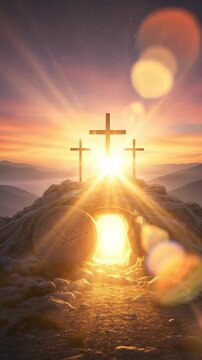Empty tomb with rolled stone and three crosses on hill at sunrise for Christian Easter