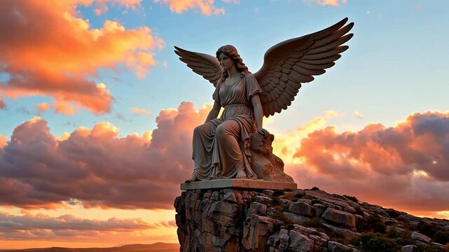 Angel statue on rocky cliff at sunset