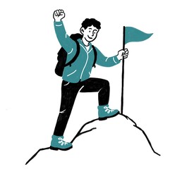 Hombre joven llegando a una cima de una montaña. Está clavando un hito o bandera para marcar el lugar de su hazaña