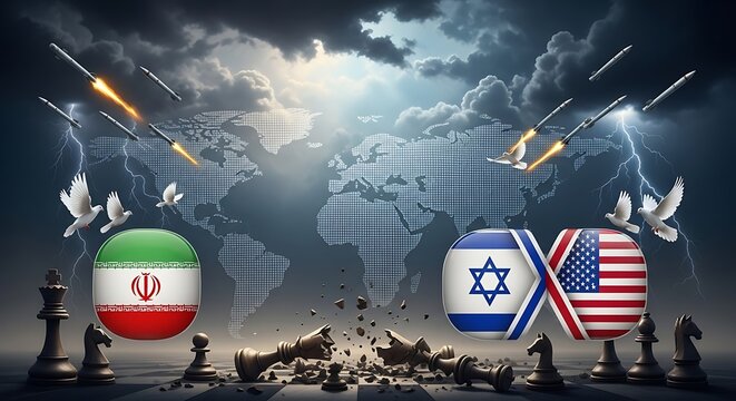 global geopolitical tension concept with iran vs israel and united states flags, missiles and chessboard strategy illustration.